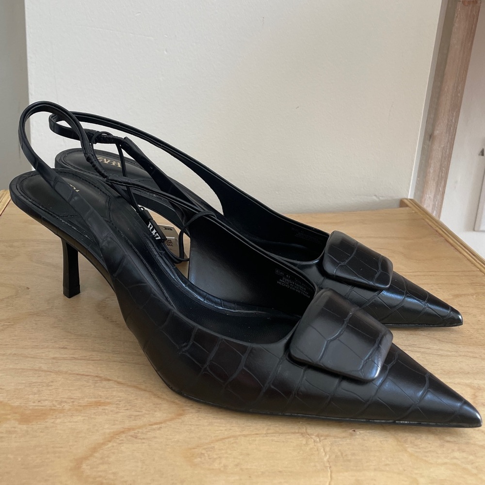 ZARA BLACK PRINTED SLINGBACK HEEL - SIZE 10 (41)
